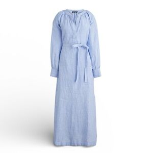 J. Crew Cabana Dress in Linen Size S Blue Long Sleeve Maxi Coastal Nautical NWT